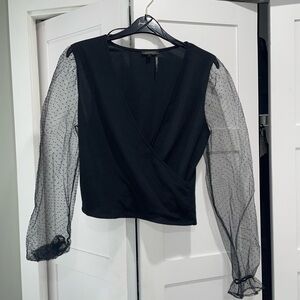 Dynamite Black Blouse with Sheer Polka Dot Sleeves